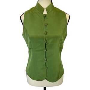 WORTH Women's Size 2 Victorian Style 100% Silk Green Vest High Neck Top